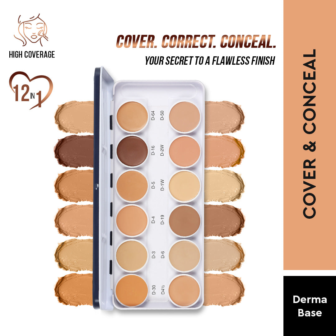 COVER &amp; CONCEAL 12-1 DERMA PALETTE - For Pigmented &amp; Oily Skin | Full Coverage Concealer, Foundation &amp; Contour Kit
